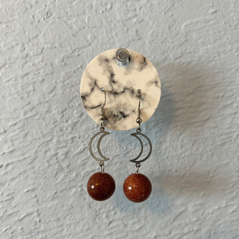 Goldstone moon earrings - handmade